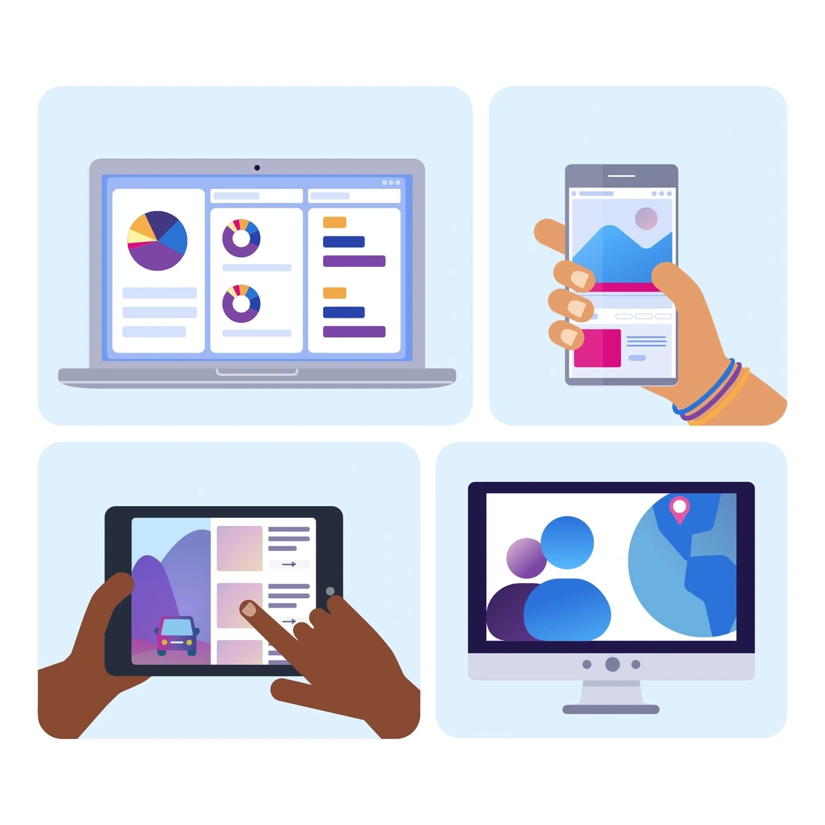 Images of various devices with colorful charts and metrics
